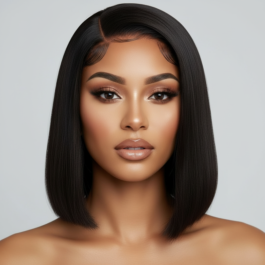 13x4 Lace Front Human Hair Bob Wig, Straight Natural Color With 150 Percent Density