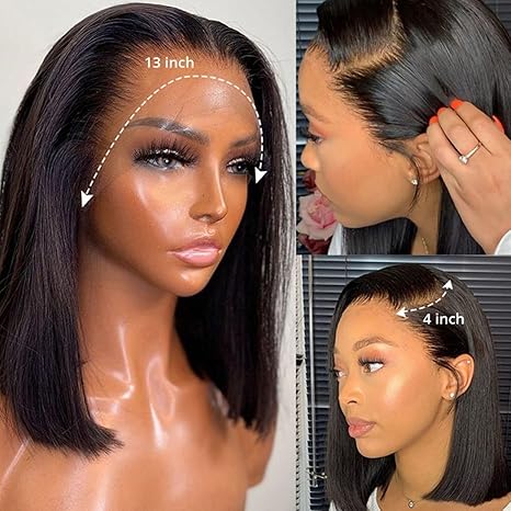 13x4 Lace Front Human Hair Bob Wig, Straight Natural Color  With 150 Percent Density