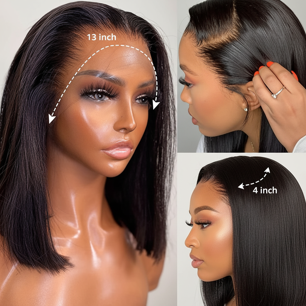 13x4 Lace Front Human Hair Bob Wig, Straight Natural Color  With 150 Percent Density