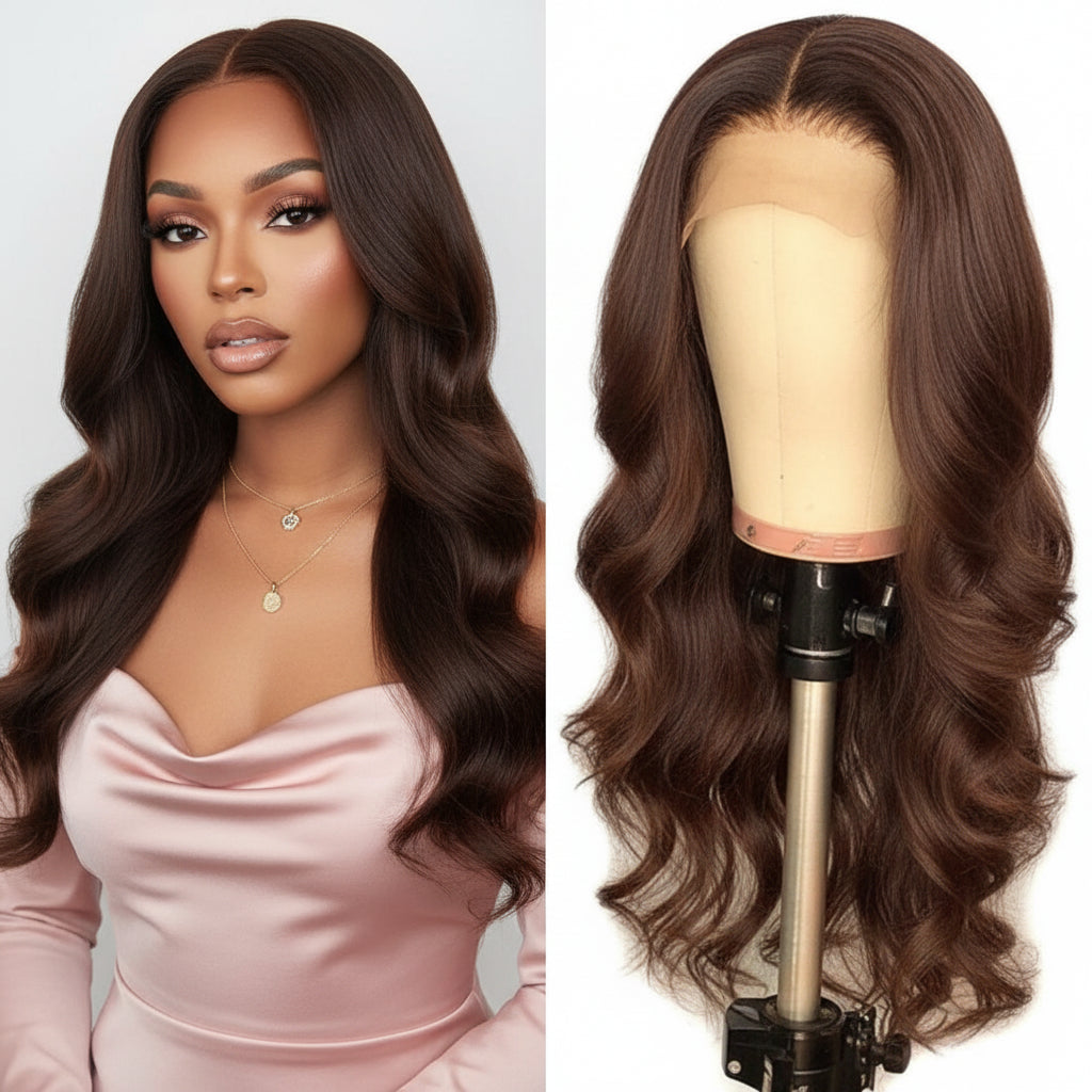 4x4 Lace Closure Human Hair Wig Chocolate Brown Body Wave 150% Density  Pre-Plucked Natural Hairline