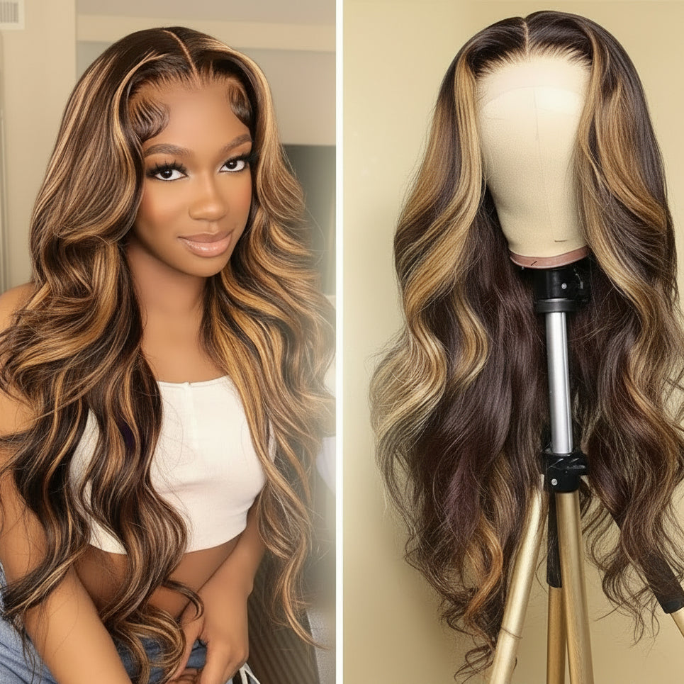 Highlight ,Body Wave 4x4 Lace Closure Wig 100% Human Hair Pre-Plucked.