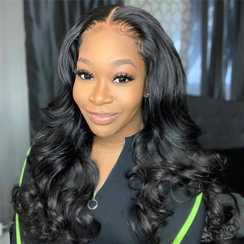 4x7 Lace Closure Body Wave Wig ,Density Human Hair, Natural Black, Pre-Plucked.