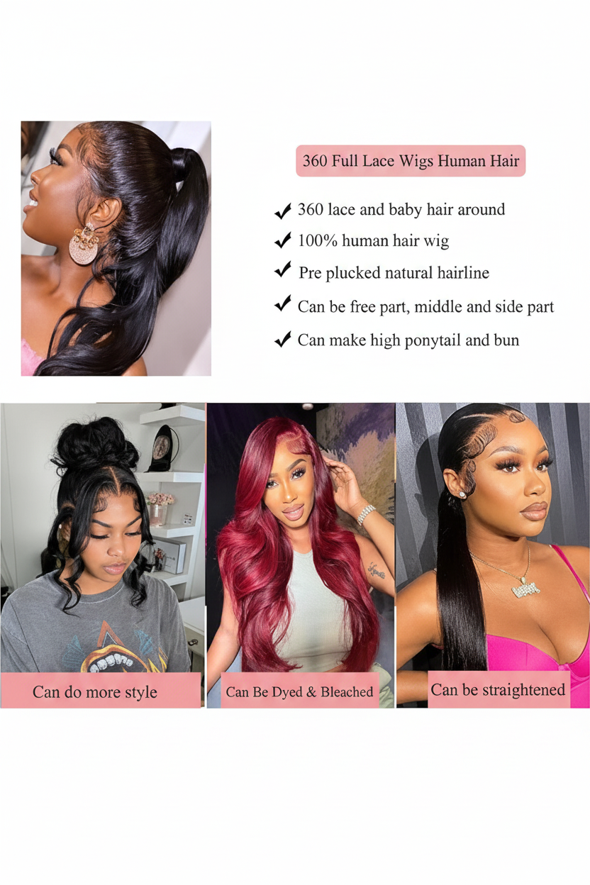 360 Lace Front Human Hair Wig, Body Wave Wig Natural Color, 150 Percent Density