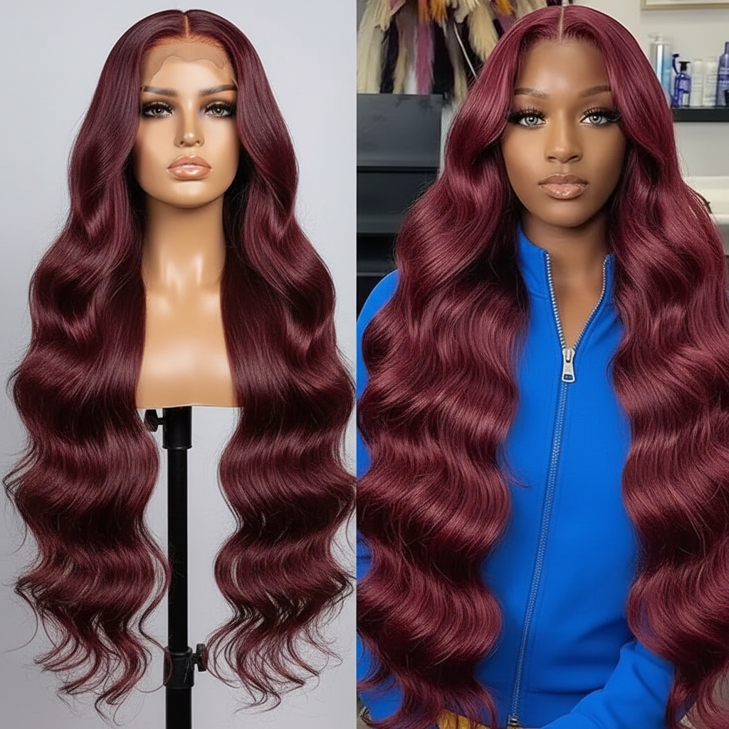 13x6 Human Hair Lace Wig, High-Definition Burgundy Lace Wig, Human Hair With Aligned Cuticle Layer, Indian Hair Wig