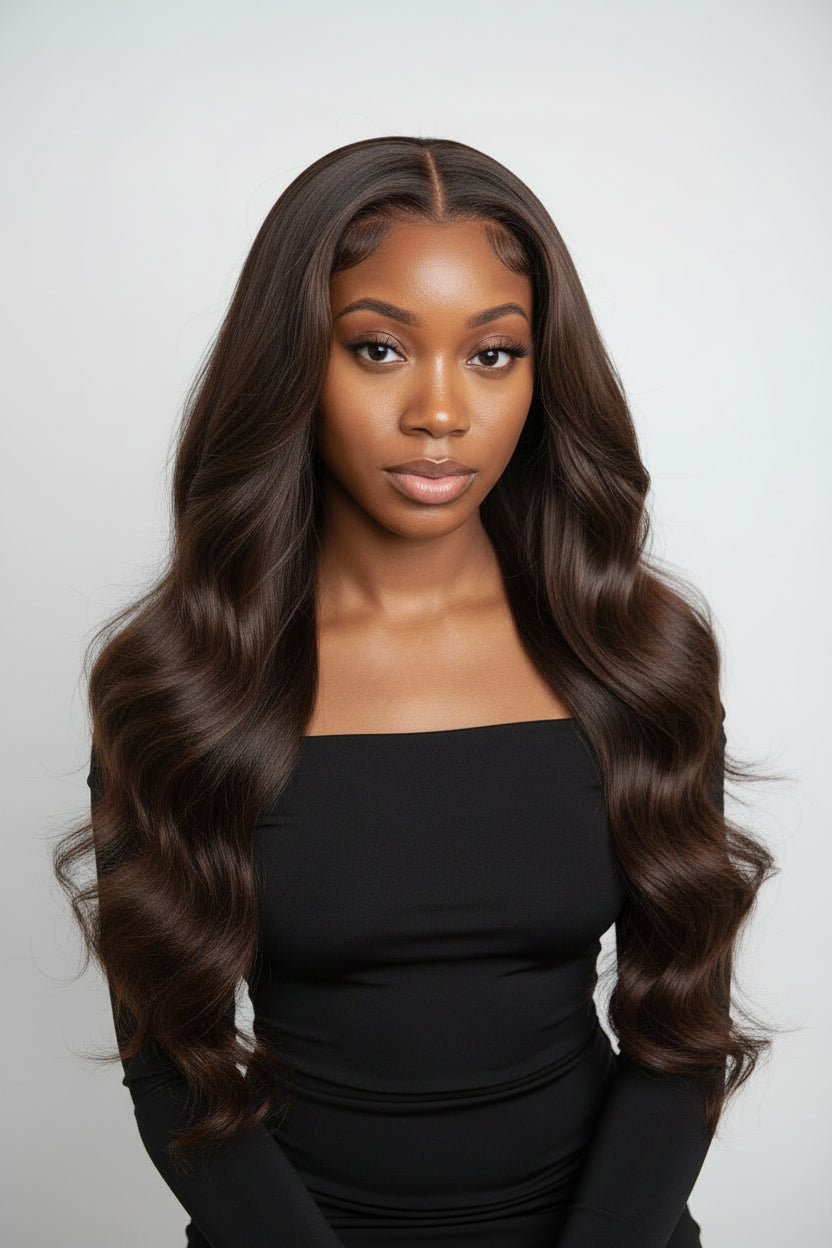 4x4 Lace Closure Human Hair Wig Chocolate Brown Body Wave 150% Density  Pre-Plucked Natural Hairline