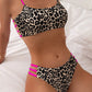 Leopard Print Contrast Color Push Up Tight Split Swimsuit
